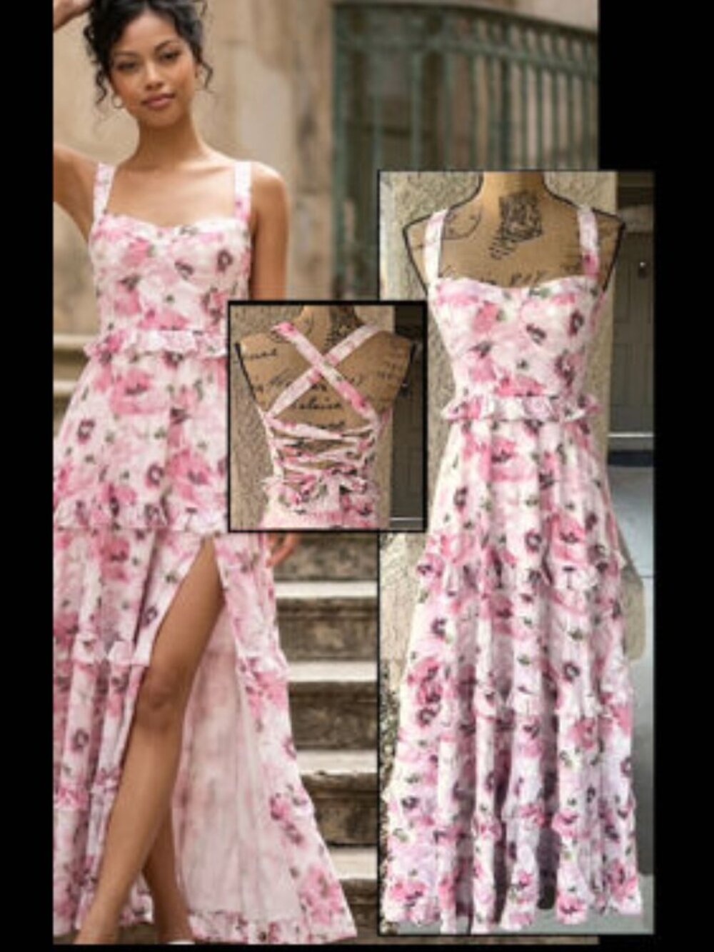 Petal and Pup Pink Bloom Lillee Tiered Lace-Up Back Maxi Dress Size: L